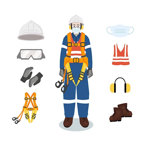 Diferentes elementos como casco, botas y guantes se encuentran sobre mesa listos para usarse como parte de un EPP.