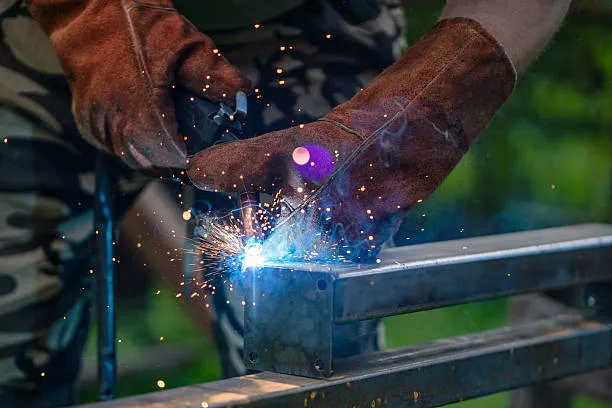 Un soldador trabaja en un taller con equipo completo de protección, manipulando la máquina con precisión durante la reparación de soldadoras.