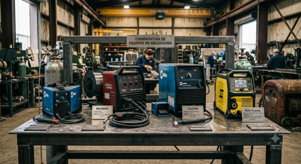 Fotografía-a-tres-Diferentes-modelos-de-máquina-de-soldar-industrial-dentro-de-un-taller
