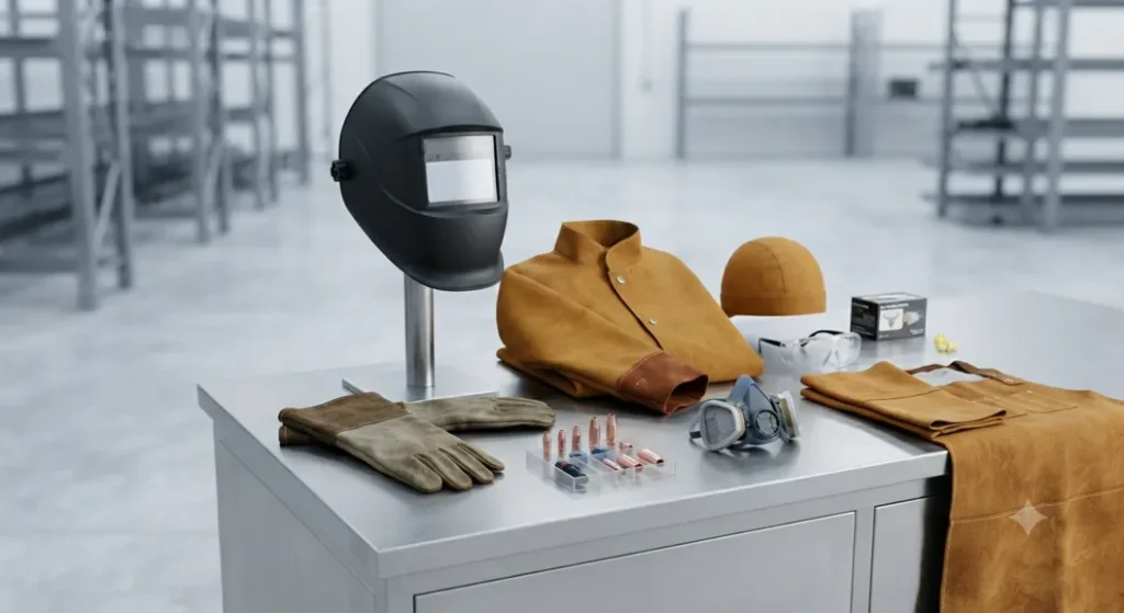 Equipo-de-protección-personal-para-soldadura-industrial-en-una-mesa-blanca